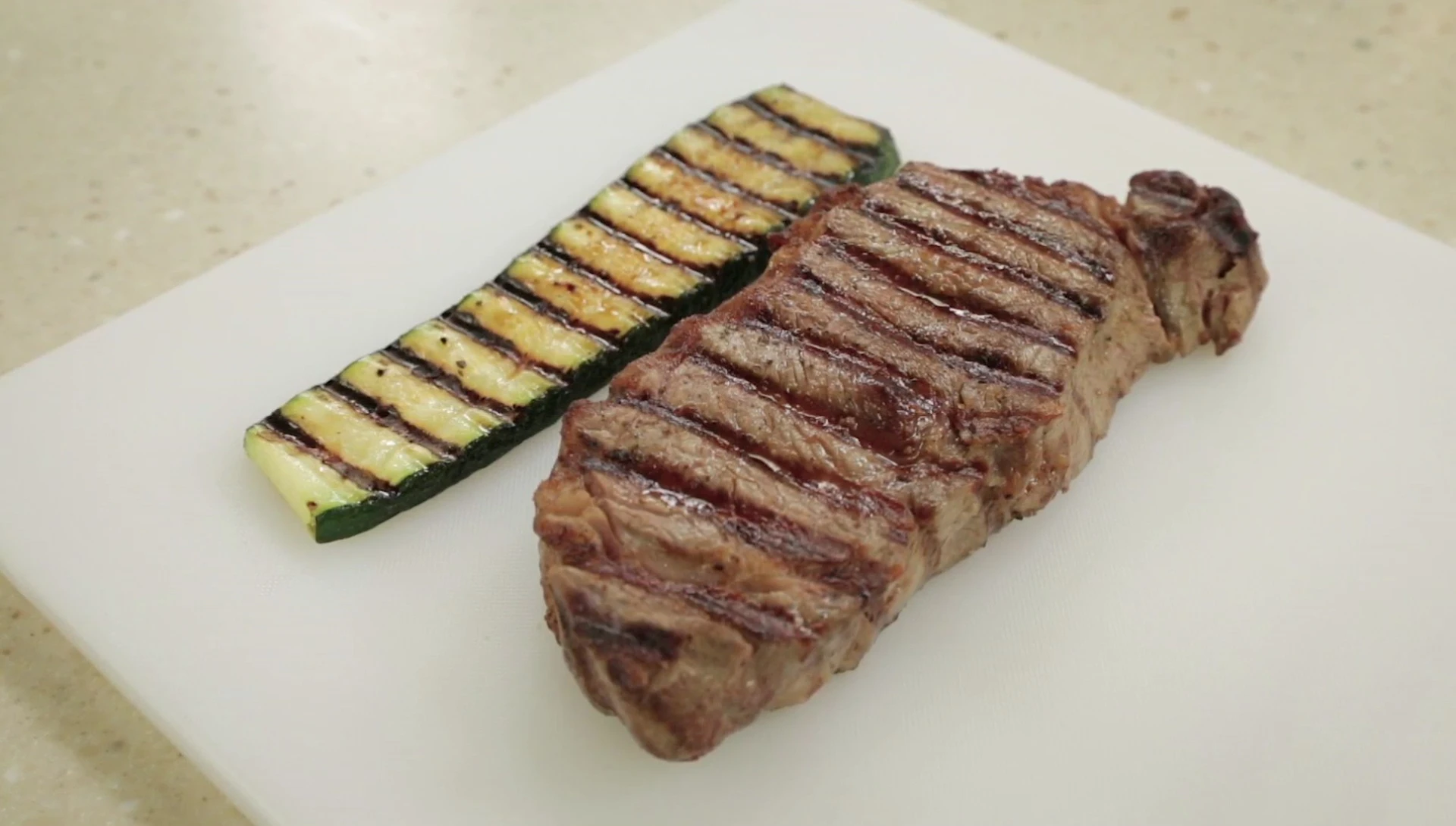 Grilled steak and zucchini, sear marks
