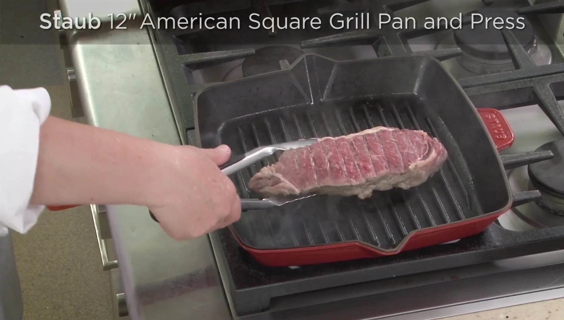 Staub grill pan searing steak