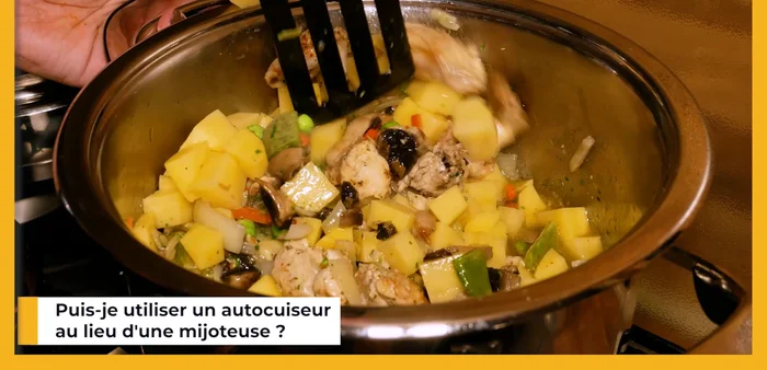 Autocuiseur comme substitut à la mijoteuse : Possible pour des repas rapides. Adapter la quantité de liquide et la superposition des ingrédients.