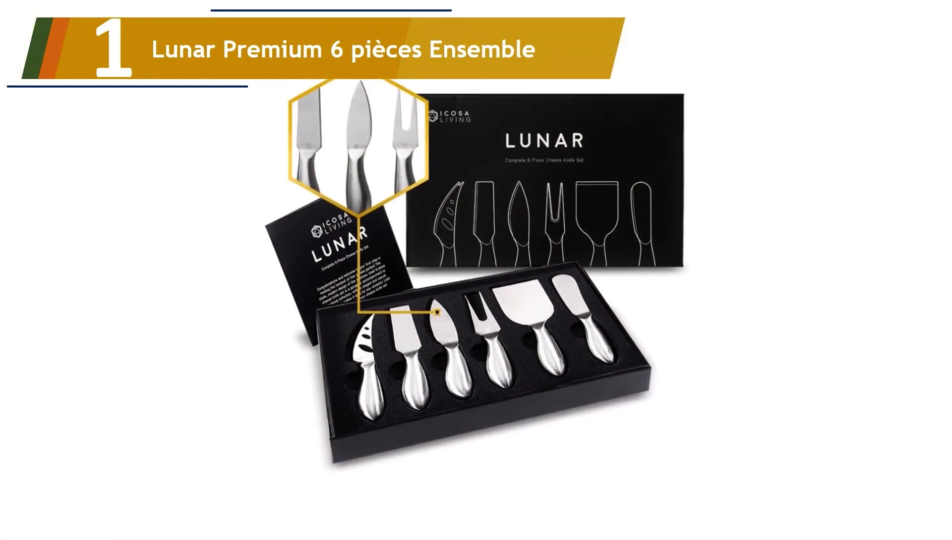 Présentation de l'ensemble de 6 couteaux à fromage Lun'art Premium.