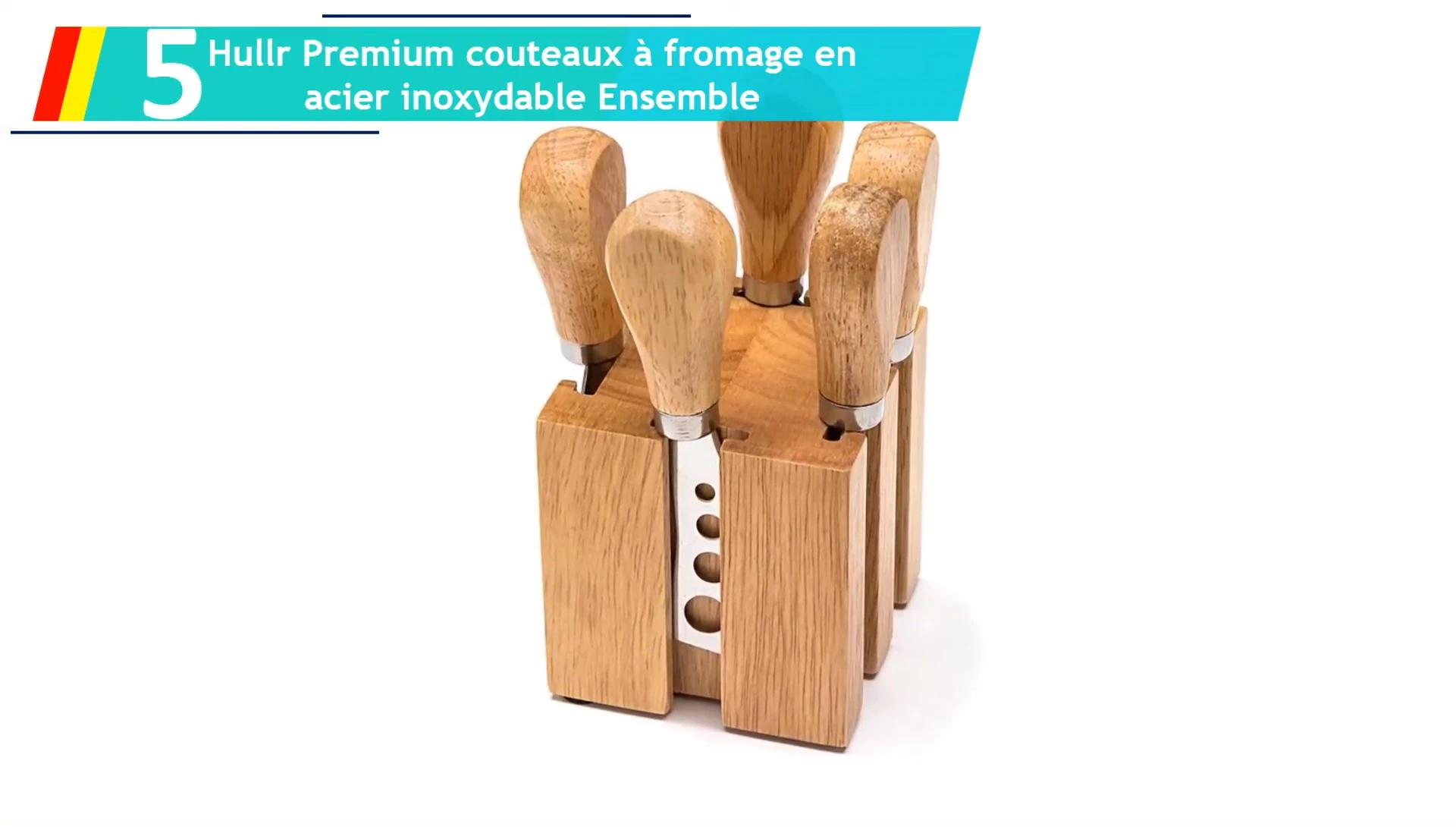 Vue rapprochée du couteau à fromage Miom dans son bloc en bois.