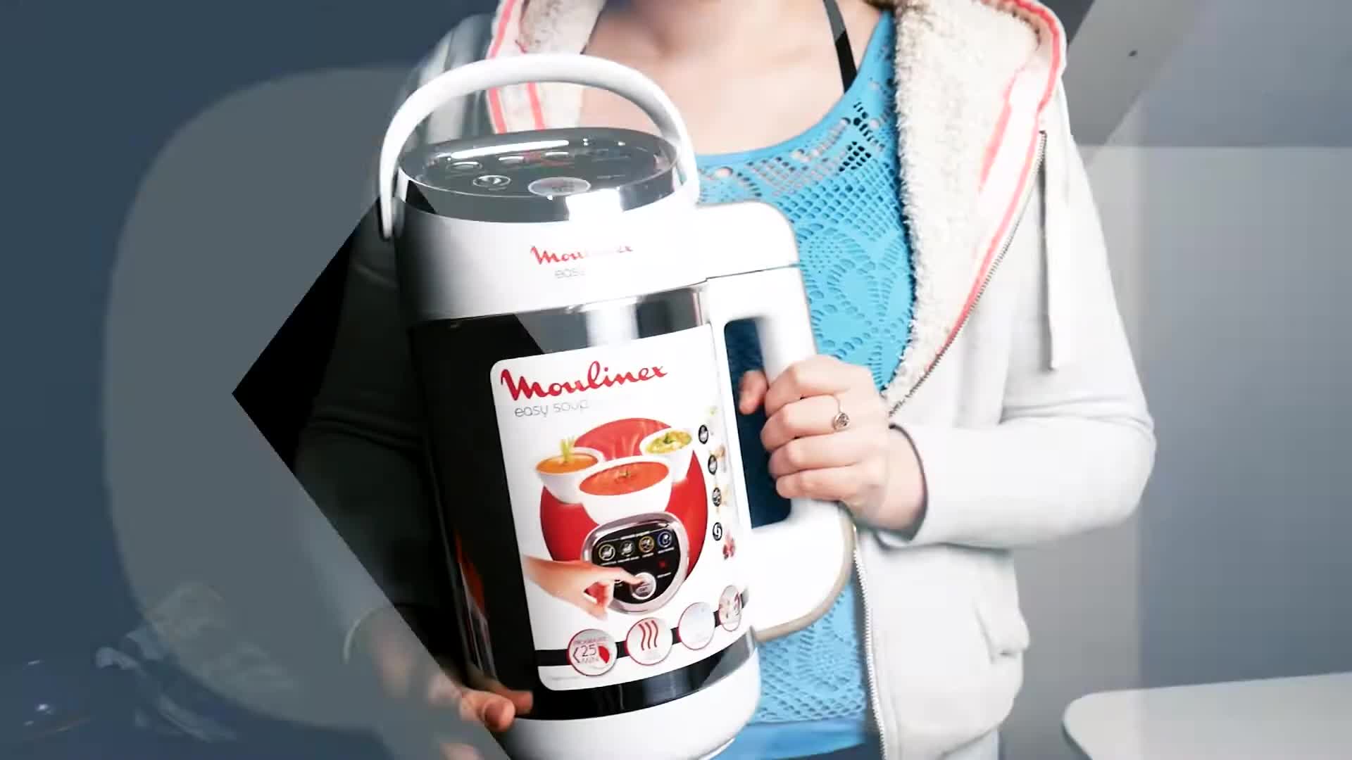 Vue du blender Moulinex Easy Soup montrant ses deux poignées et le couvercle.