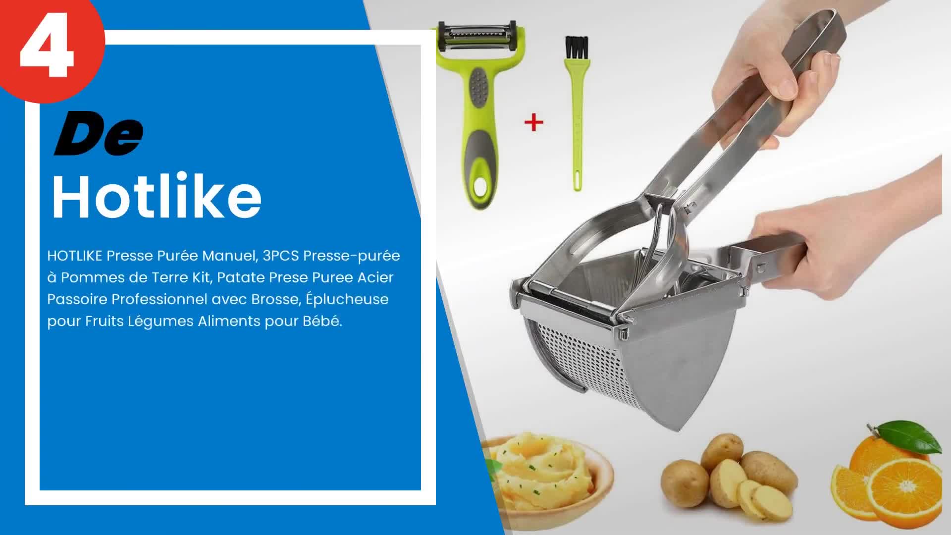 Image du kit presse-purée 4 en 1 comprenant le pilon, la brosse et l'éplucheur.